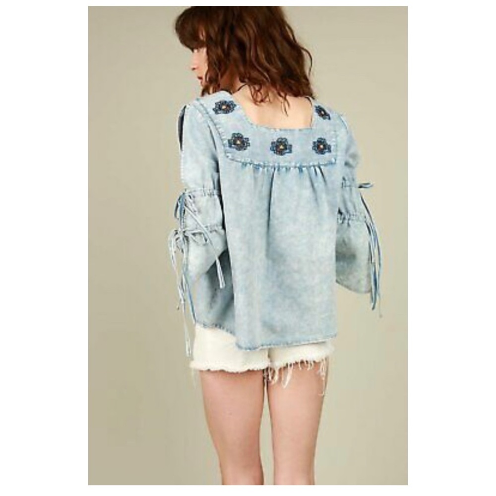 POL Denim Shirt with Split Sleeve Ties
